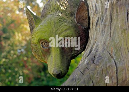 Holzschnitzereien im Cosmeston Lakes and Country Park, South Wales. September 2023 Stockfoto