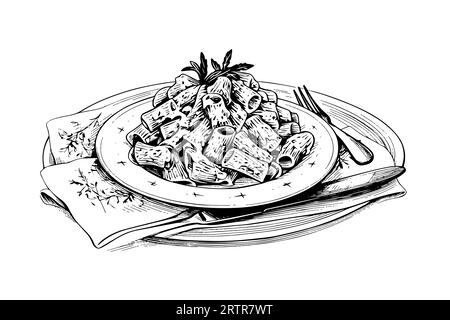 Italienische Pasta. Spaghetti auf einem Teller, Gabel mit Spaghetti Vektor-Gravur-Illustration. Stock Vektor