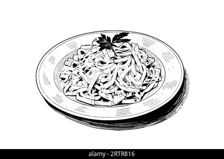 Italienische Pasta. Spaghetti auf einem Teller, Gabel mit Spaghetti Vektor-Gravur-Illustration. Stock Vektor