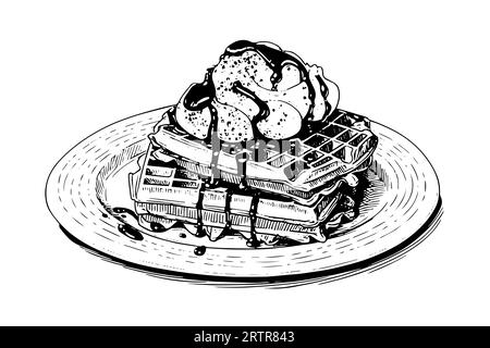 Waffeln mit Eis, handgezeichnete Tuschezeichnung. Gravurstil Vektorillustration. Stock Vektor