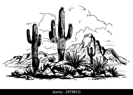 Landschaft mit Kaktus in Gravurstil Vektorillustration.Kaktus Hand gezeichnete Skizze Imitation. Stock Vektor