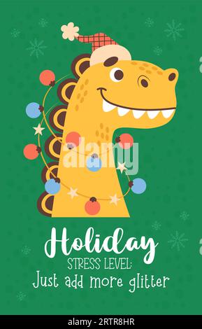Weihnachtskarte mit Drachen in Weihnachtsgirlande. Vertikale Vektordarstellung. 2024-jähriger Drache nach östlichem Kalender. Weihnachten und Neujahr Stock Vektor