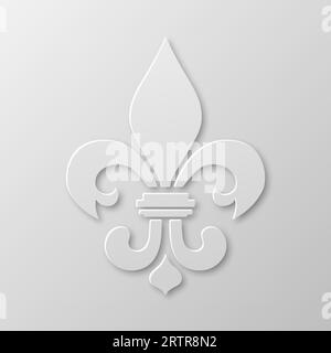 Vector Realistic Paper 3D Fleur De Lis Nahaufnahme auf weißem Hintergrund. Heraldisches Lily-Zeichen, Vektorbild Stock Vektor