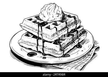 Waffeln mit Eis, handgezeichnete Tuschezeichnung. Gravurstil Vektorillustration. Stock Vektor