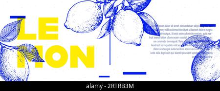 Gelbes und blaues Poster- oder Bannerdesign mit Zitrone im Ätzstil mit Platz für Text. Vektorillustration. Stock Vektor