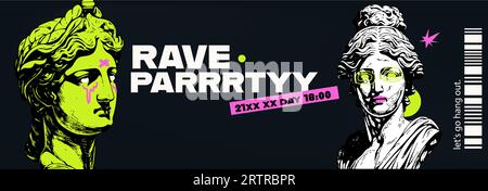 Griechenland modernes Gesicht mit zeitgenössischem Rave Acid Party Banner. Vorlagenentwurf für Partei. Vektorillustration. Stock Vektor