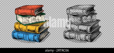 Skizzengravur transparenter Bücherstapel. Handgezeichnetes Vektorillustration-Paket Stock Vektor