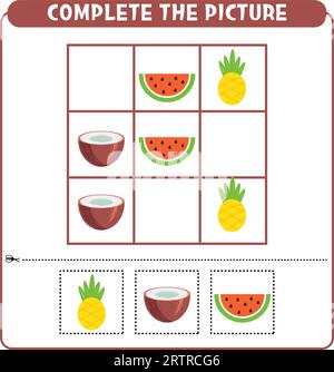 Vervollständigen Sie das Bild der Früchte. Lernspiel Worksheet für Kinder Sudoku Stock Vektor
