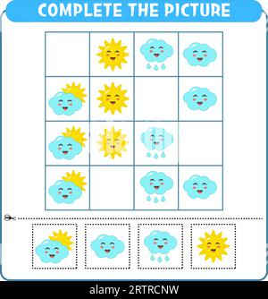 Vervollständigen Sie das Bild von Sonne und Wolke. Lernspiel Worksheet für Kinder Sudoku Stock Vektor