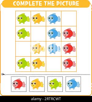 Vervollständigen Sie das Bild mit farbenfrohen Fischen. Lernspiel Worksheet für Kinder Sudoku Stock Vektor