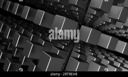 Abstrakte Würfel auf schwarzem Hintergrund isoliert. 3D Abbildung. Stockfoto