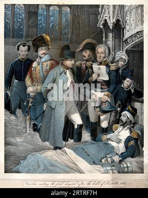 Schlacht von Austerlitz, Napoleon besucht verwundete Soldaten in einer Kirche, die nach der Schlacht als Feldlazarett diente, farbige Lithographie 1806 Stockfoto