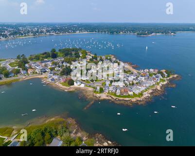 Juniper Point und Winter Island im Sommer im historischen Viertel Salem Neck mit der Mündung des Danvers River zum Beverly Harbor auf der Rückseite, City of Stockfoto