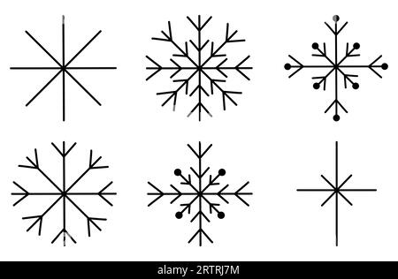 Set aus verschiedenen Schneeflocken, Winterdesign-Element, Doodle-Stil flache Vektor-Umrissillustration Stock Vektor