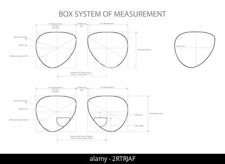 Set aus Box System zur Messung von Linsengläsern Augenrahmen Modeaccessoire technische Illustration. Sonnenbrille, flache Brille Brille Brille skizziert Umriss isoliert auf weißem Hintergrund Stock Vektor