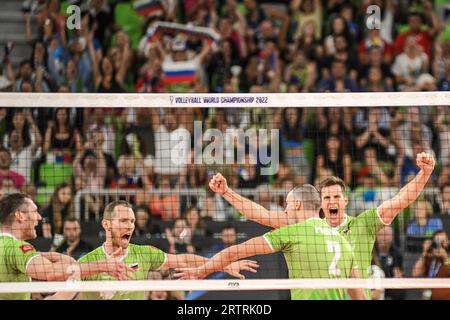 Slowenische Volleyballnationalmannschaft spielt in der Arena Stozice. Volleyball-Weltmeisterschaft 2022 Stockfoto