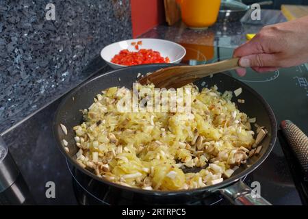 Schwäbische Küche, Zubereitung von deftigem Kartoffelstrudel, geriebenen und gekochten Kartoffeln, Ansaugen von Petersilienwurzel und Pilzen, Herstellung der Füllung, Gemüse Stockfoto