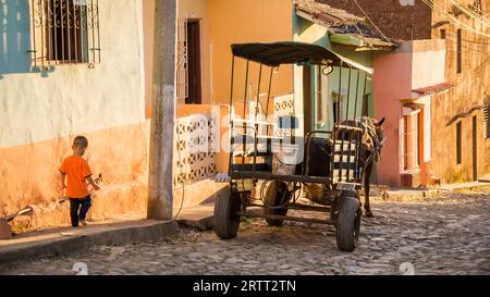 Trinidad, Kuba am 29. Dezember 2015: Am späten Nachmittag wartet eine Pferdekutsche auf die Passagiere vor farbenfrohen Gebäuden in Trinidad. Stockfoto