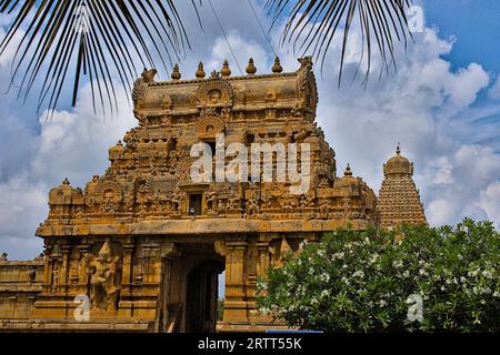 Wunderschönes Gopuram in Tanjore großer Tempel Tamil Nadu Indien Stockfoto