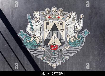 Wappen der Stadt Ostend, Wassersprite und Meerjungfrau, Aufkleber, Ostend, belgische Küste, Westflandern, Belgien Stockfoto