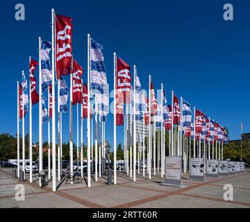 Fahnenmasten mit IFA-Fahnen, Hammarskjoeldplatz, Messehallen am Funkturm, Berlin, Deutschland Stockfoto