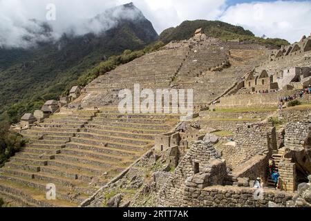 Aguas Calientes, Peru, 12. Oktober 2015: Ehemalige Bauernterrassen im berühmten Machu Picchu Stockfoto