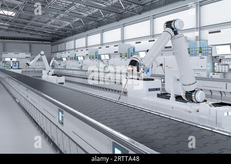 Konzept der Automatisierungsbranche mit 3D-Rendering-Roboter-Montagelinie und leerem Förderband im Werk Stockfoto