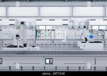 Konzept der Automatisierungsbranche mit 3D-Rendering-Roboter-Montagelinie und leerem Förderband im Werk Stockfoto