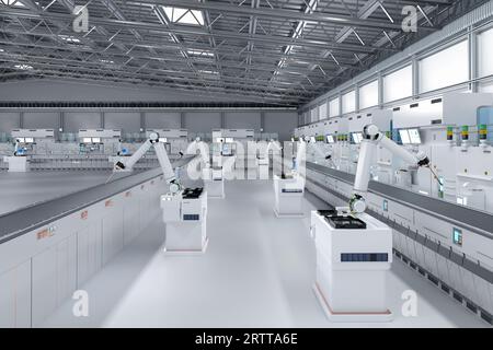 Konzept der Automatisierungsbranche mit 3D-Rendering-Roboter-Montagelinie und leerem Förderband im Werk Stockfoto