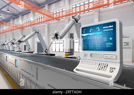 Automation factory Konzept mit 3D-rendering Control Panel mit Roboterarmen Stockfoto