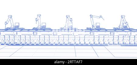 3D-Rendering-Blueprint der Robotermontagelinie mit Smartphone auf weißem Hintergrund Stockfoto