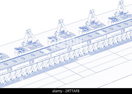 3D-Rendering-Blueprint der Robotermontagelinie mit Smartphone auf weißem Hintergrund Stockfoto