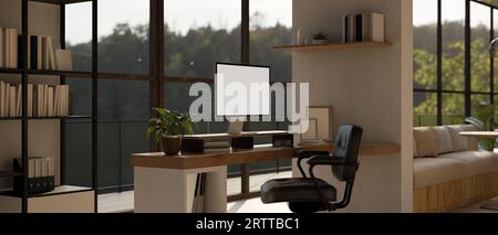 Ein Computermodell mit weißem Bildschirm auf einem Schreibtisch in einem modernen, modernen, geräumigen Heimbüro oder privaten Bürozimmer. Konzept des Arbeitsbereichs. 3D-Rendering, 3D-Illus Stockfoto