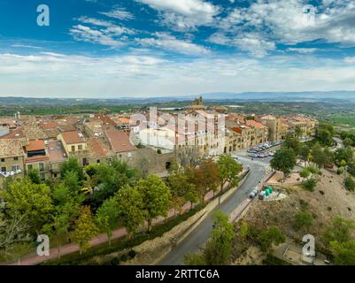 Blick aus der Vogelperspektive auf Laguardia mittelalterliches befestigtes Dorf auf einem Hügel, umgeben von Weingütern in der spanischen Region Rioja, mit bewölktem Himmel Stockfoto