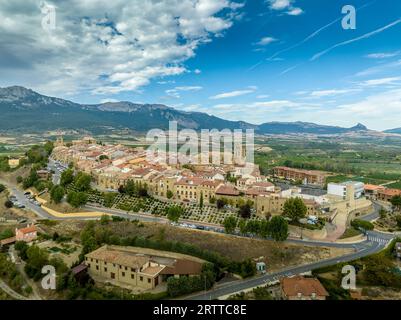 Blick aus der Vogelperspektive auf Laguardia mittelalterliches befestigtes Dorf auf einem Hügel, umgeben von Weingütern in der spanischen Region Rioja, mit bewölktem Himmel Stockfoto