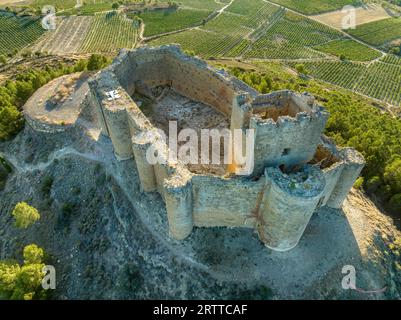 Blick aus der Vogelperspektive auf die Burg Davalillo oberhalb des Ebro-Flusses in Rioja Spanien, mit halbrunden Türmen und einem Turm mittelalterlicher Verteidigungsbauten Stockfoto