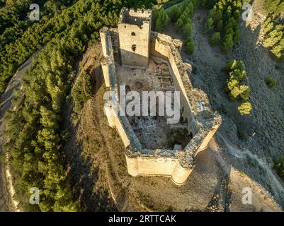 Blick aus der Vogelperspektive auf die Burg Davalillo oberhalb des Ebro-Flusses in Rioja Spanien, mit halbrunden Türmen und einem Turm mittelalterlicher Verteidigungsbauten Stockfoto