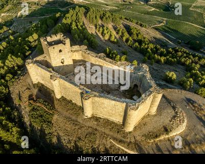 Blick aus der Vogelperspektive auf die Burg Davalillo oberhalb des Ebro-Flusses in Rioja Spanien, mit halbrunden Türmen und einem Turm mittelalterlicher Verteidigungsbauten Stockfoto