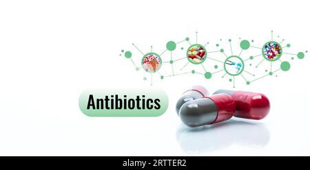 Antibiotika. Verschreibungspflichtige Medikamente. Antibiotikakapseln. Antibiotikaauswahl. Antibiotikaforschung und -Entwicklung. Pharmazeutisch Stockfoto
