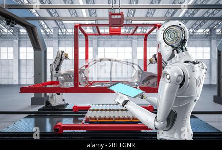Automatisierung Automobilfabrik Konzept mit 3D Rendering Roboter Montagelinie in der Automobilfabrik Stockfoto