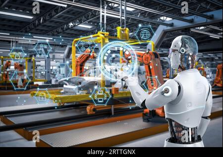 Automatisierung Automobilfabrik Konzept mit 3D Rendering Roboter Montagelinie in der Automobilfabrik Stockfoto
