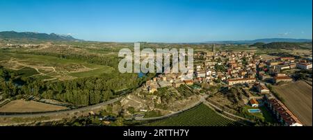 Panoramaaussicht auf Briones, mittelalterliches Dorf auf einem Hügel mit gotischer Kirche und Ruine über dem Ebro in Rioja Spanien Stockfoto