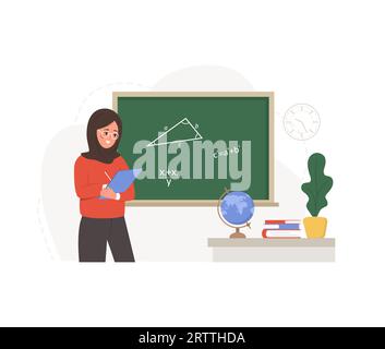Muslimische Lehrerin im Klassenzimmer. Pädagoge in Hijab bei Vortrag am Schwarzen Brett. Schule und College-Konzept. Vektorillustration im flachen Cartoon-Stil Stock Vektor