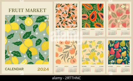 Monatliche Kalendervorlage für 2024 mit Früchten. Stock Vektor