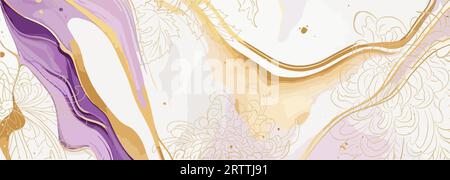 Abstraktes Bannerdesign aus violettem und goldenem Marmor. Stock Vektor