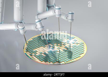 Halbleiterfertigung mit 3D gerenderten Roboterarmen mit Silizium-Wafern Stockfoto