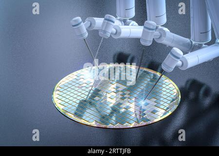 Halbleiterfertigung mit 3D gerenderten Roboterarmen mit Silizium-Wafern Stockfoto