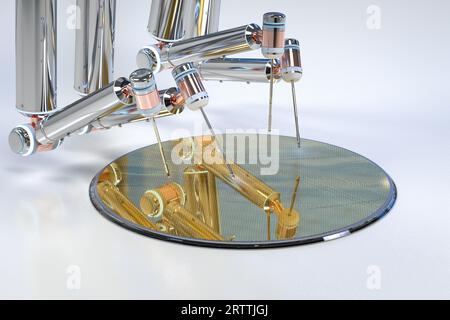 Halbleiterfertigung mit 3D gerenderten Roboterarmen mit Silizium-Wafern Stockfoto