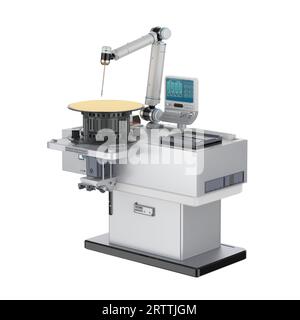 Halbleiterfertigung mit 3D-Rendering-Roboterarmen mit Silizium-Wafern, isoliert auf weiß Stockfoto