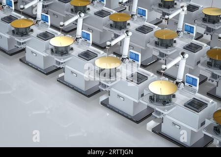 Halbleiterfertigung mit 3D gerenderten Roboterarmen mit Silizium-Wafern Stockfoto